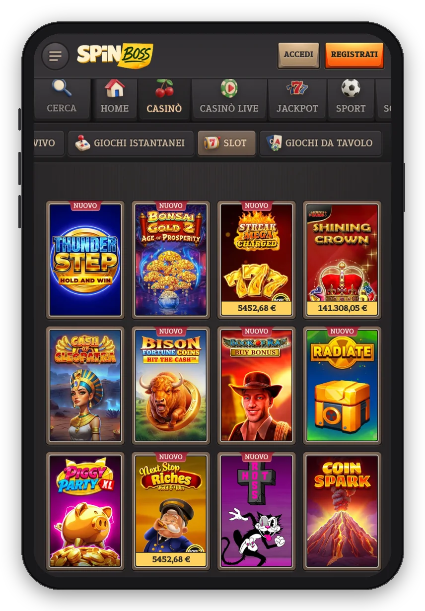 Pagina Slot di SpinBoss Casinò su mobile con la griglia delle slot machine e i jackpot (mockup smartphone)