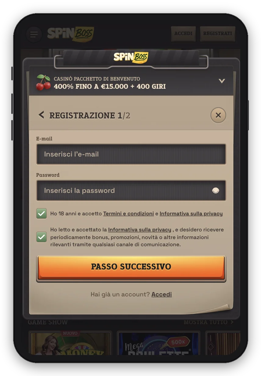 SpinBoss Casinò – modulo di registrazione Modulo di registrazione SpinBoss (passo 1 di 2) su mobile con e-mail, password e consenso ai termini (mockup smartphone)